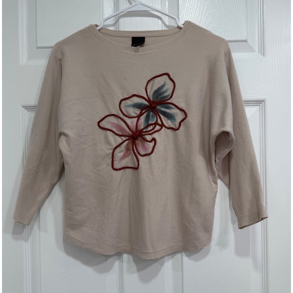 Aaeda Women's XS Beige Floral Embroidered Knit Sweater 3/4 Sleeve Boho